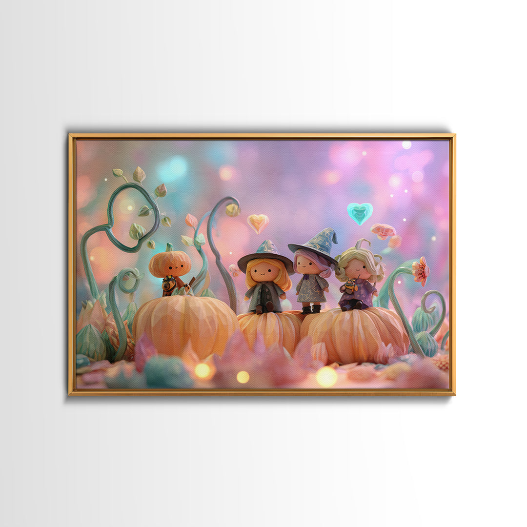 The Pumpkin Flower Garden, Cute Spooky Neon Art, Landscape Wall Art, Canvas Print, Retro Halloween Decor, Neon Wall Art, Horror Wall Art