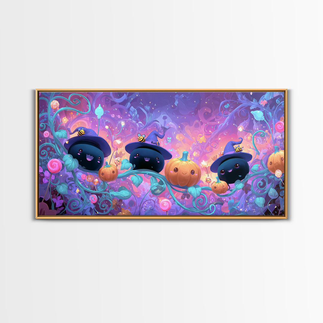 The Pumpkin Flower Garden, Cute Spooky Neon Art, Wide Panoramic Art, Canvas Print, Retro Halloween Decor, Neon Wall Art, Gothic Home Decor