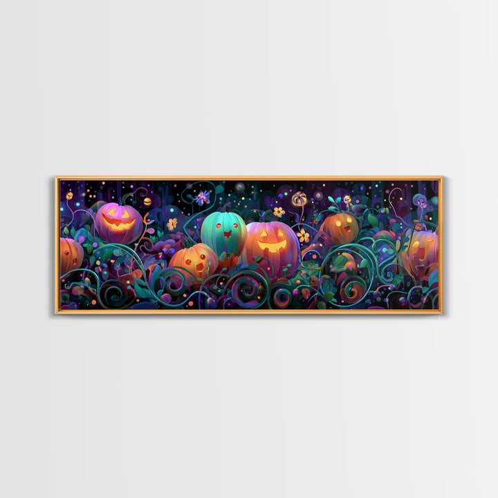 The Pumpkin Flower Garden, 80s Halloween Wall Art, Extra Wide Wall Art, Canvas Print, Retro Halloween Decor, Neon Wall Art
