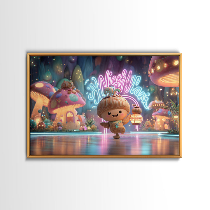 The Moonlit Acorn Village, Vaporwave Halloween Decor, Landscape Wall Art, Framed Canvas Print, Retro Halloween Decor, Neon Wall Art