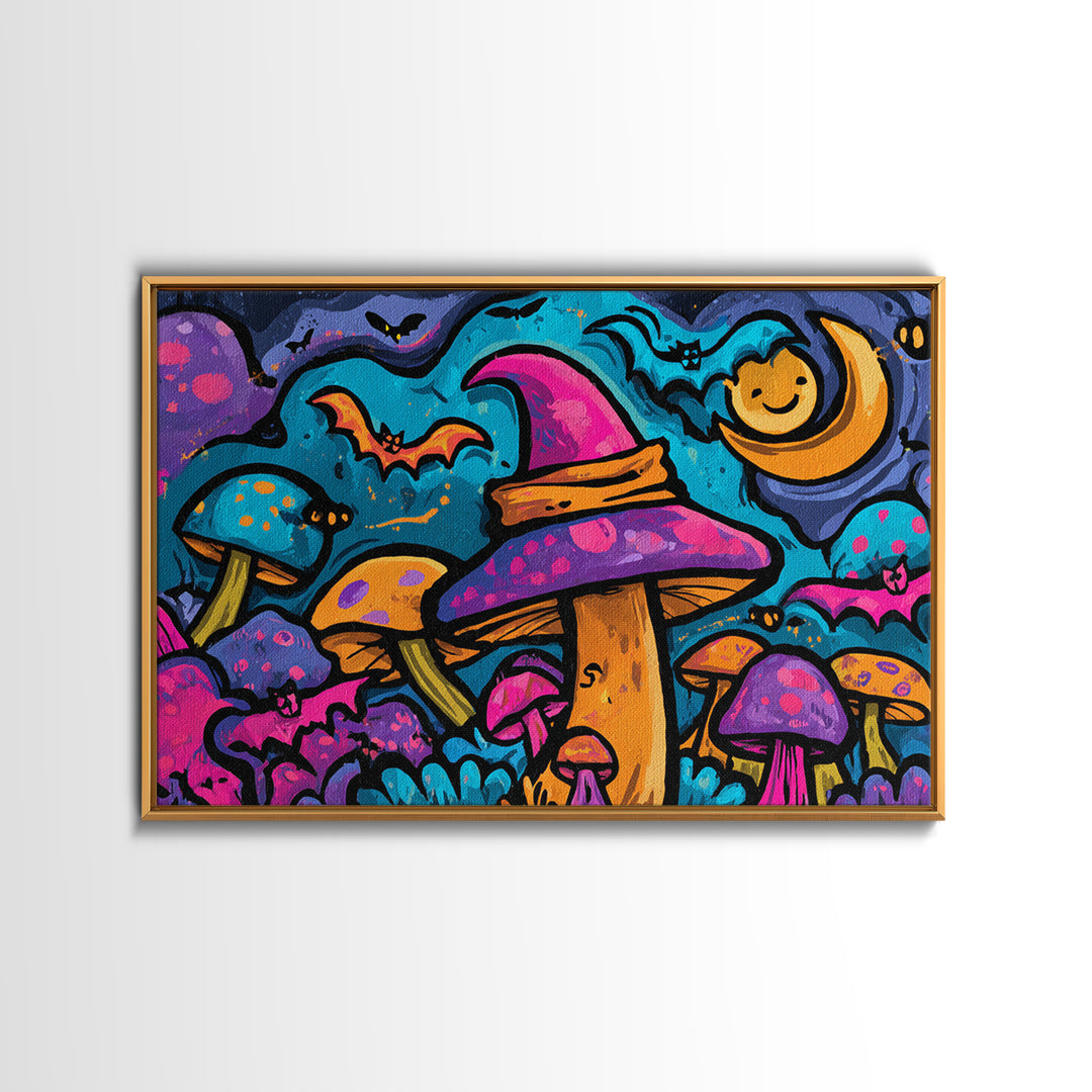 The Friendly Mushroom Forest, Vaporwave Halloween Decor, Landscape Wall Art, Framed Canvas Print, Retro Halloween Decor, Neon Wall Art