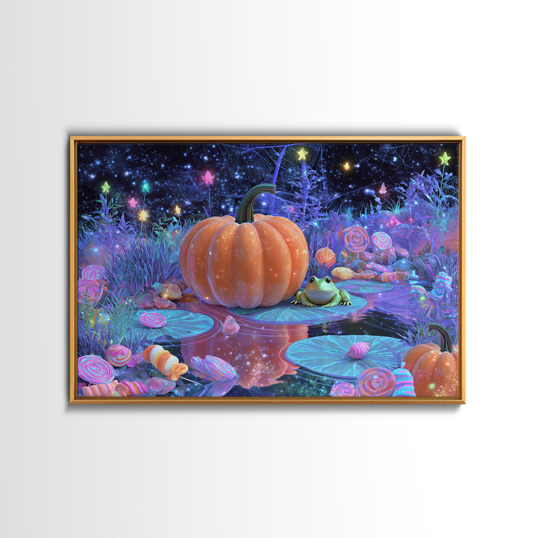 The Star-Filled Pumpkin Pond, Vaporwave Halloween Decor, Landscape Wall Art, Framed Canvas Print, Retro Halloween Decor, Neon Wall Art