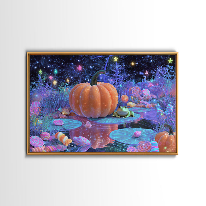 The Star-Filled Pumpkin Pond, Vaporwave Halloween Decor, Landscape Wall Art, Framed Canvas Print, Retro Halloween Decor, Neon Wall Art