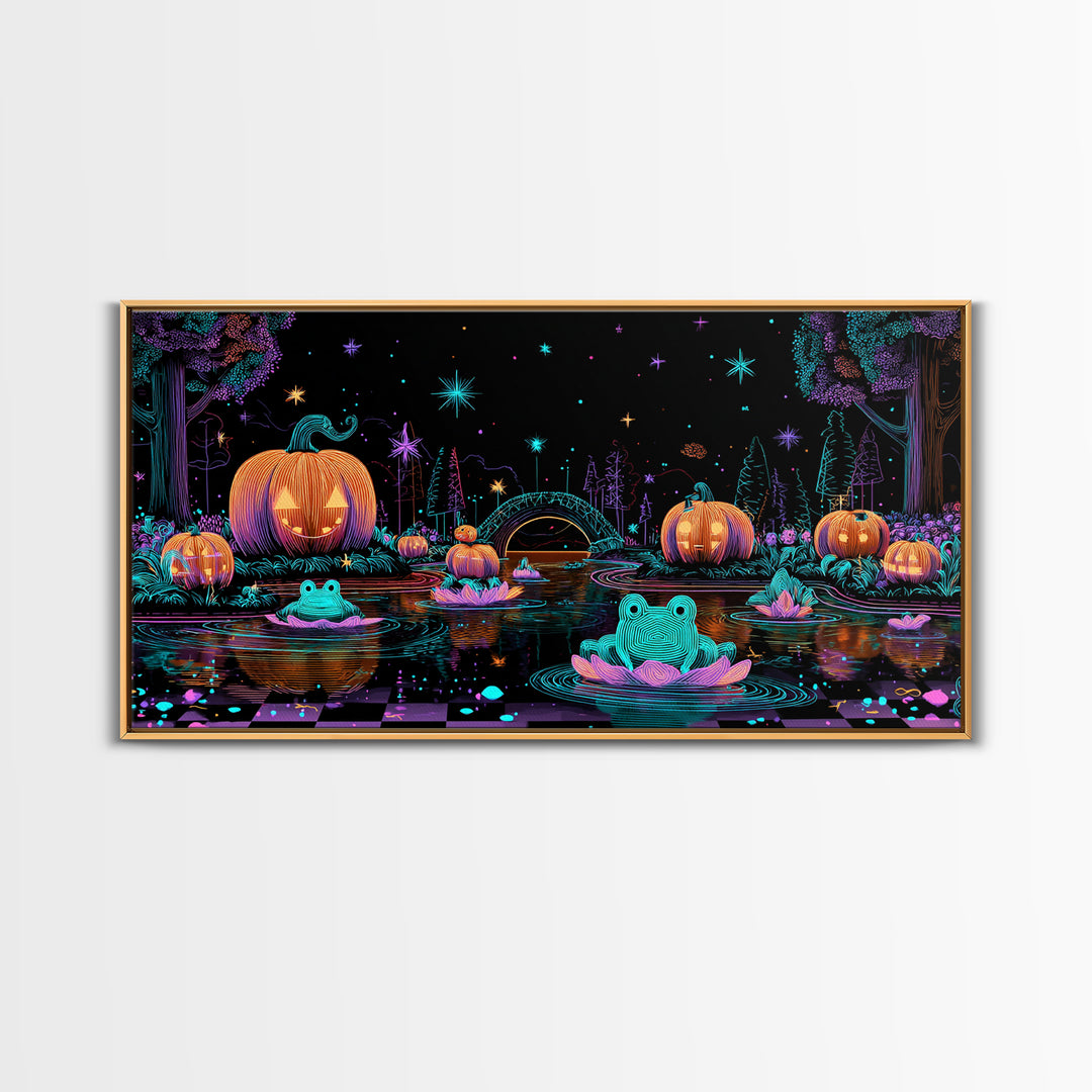 The Star-Filled Pumpkin Pond, Retro Neon Halloween Art, Wide Panoramic Art, Framed Canvas Print, Retro Halloween Decor, Neon Wall Art