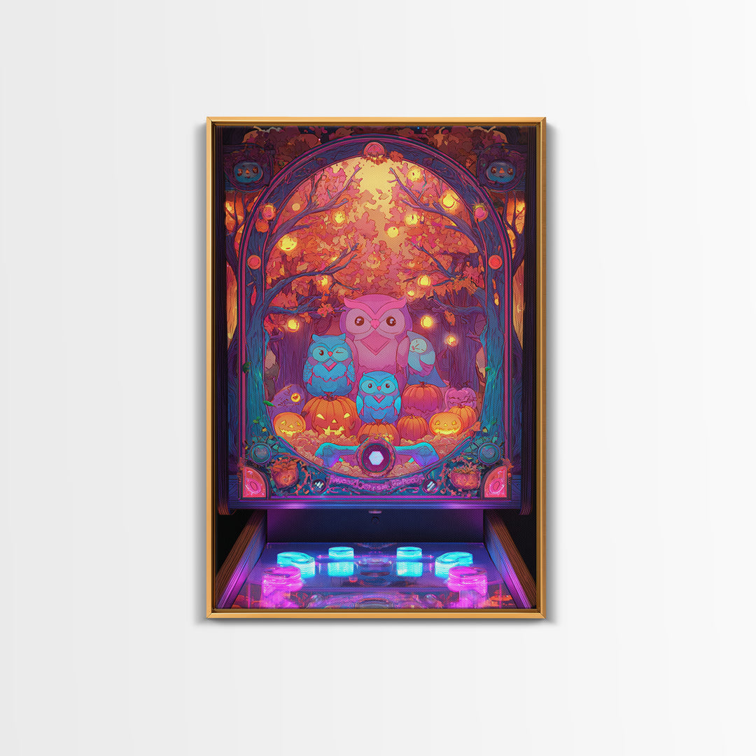 The Sleepy Owl Orchard, Cute Spooky Neon Art, Vertical Wall Art, Framed Canvas Print, Retro Halloween Decor, Neon Wall Art