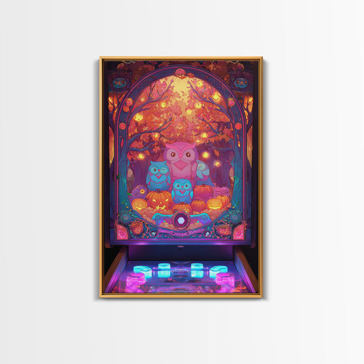 The Sleepy Owl Orchard, Cute Spooky Neon Art, Vertical Wall Art, Framed Canvas Print, Retro Halloween Decor, Neon Wall Art
