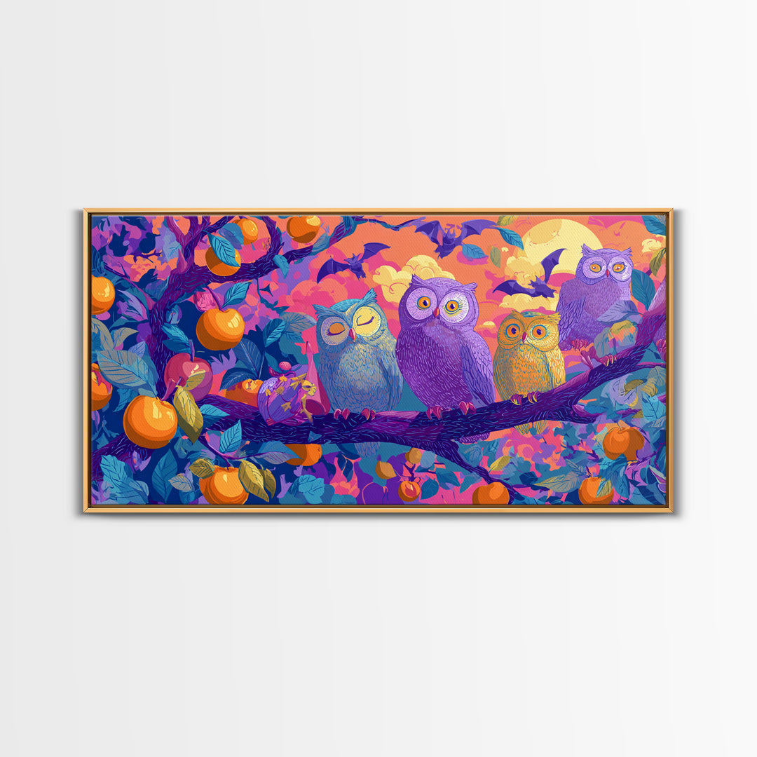 The Sleepy Owl Orchard, Retro Neon Halloween Art, Wide Panoramic Art, Framed Canvas Print, Retro Halloween Decor, Neon Wall Art
