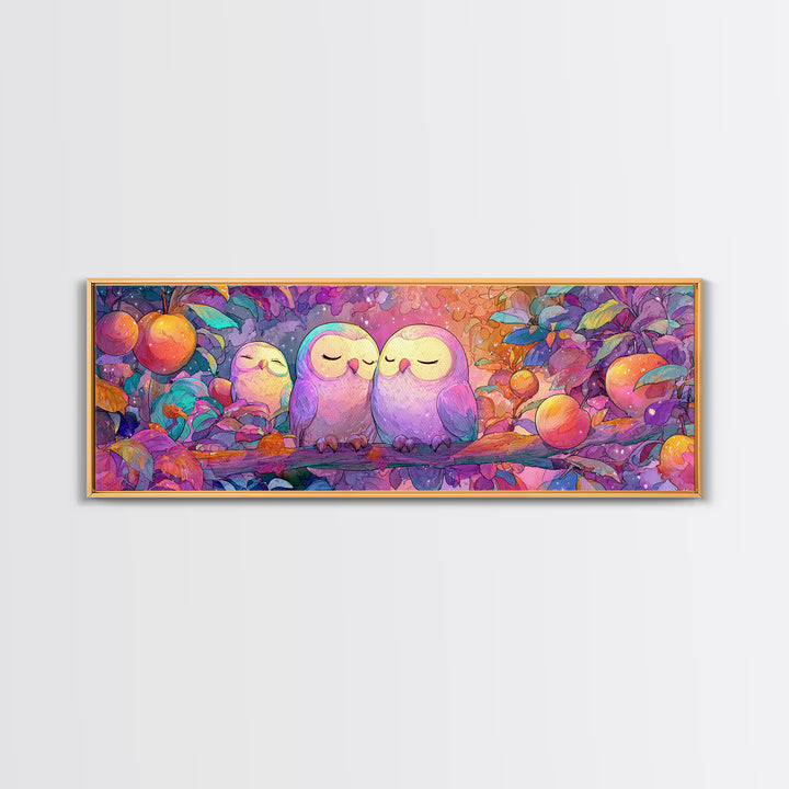 The Sleepy Owl Orchard, Cute Spooky Neon Art, Extra Wide Wall Art, Framed Canvas Print, Retro Halloween Decor, Neon Wall Art