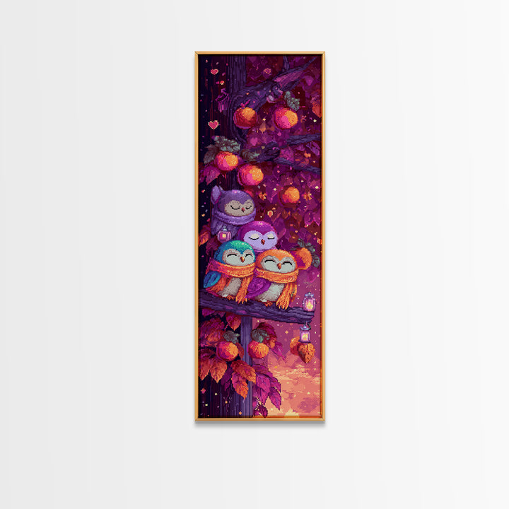 The Sleepy Owl Orchard, Retro Neon Halloween Art, Tall Narrow Wall Art, Framed Canvas Print, Retro Halloween Decor, Neon Wall Art