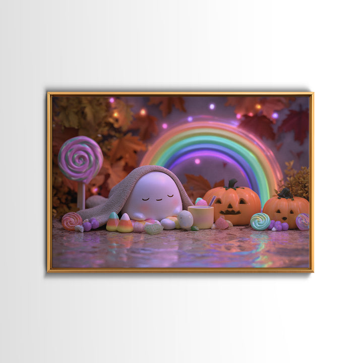The Rainbow After The Halloween Rain, Synthwave Halloween Art, Landscape Wall Art, Framed Canvas Print, Retro Halloween Decor, Neon Wall Art