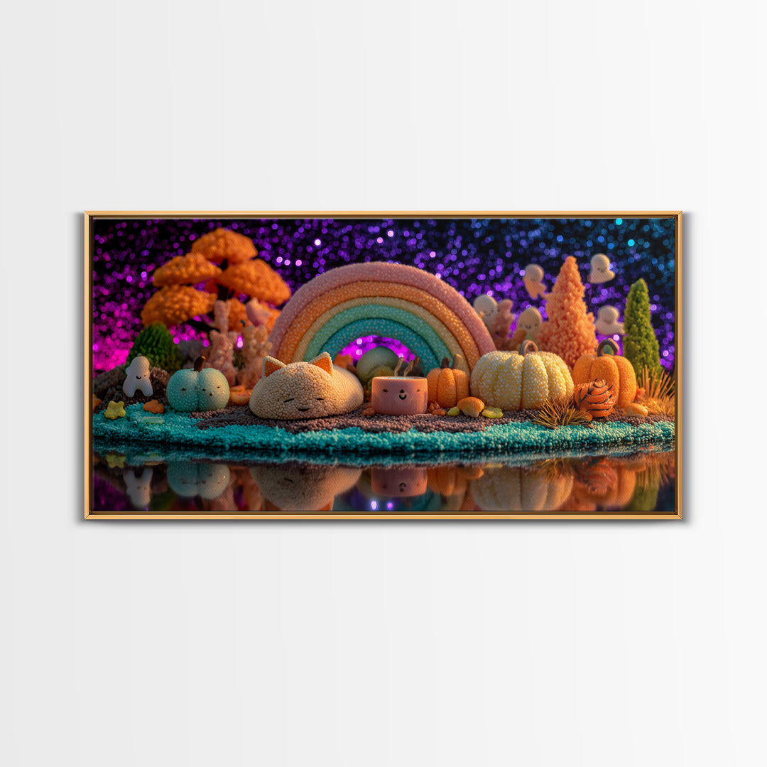 The Rainbow After The Halloween Rain, 80s Halloween Wall Art, Wide Panoramic Art, Framed Canvas Print, Retro Halloween Decor, Neon Wall Art