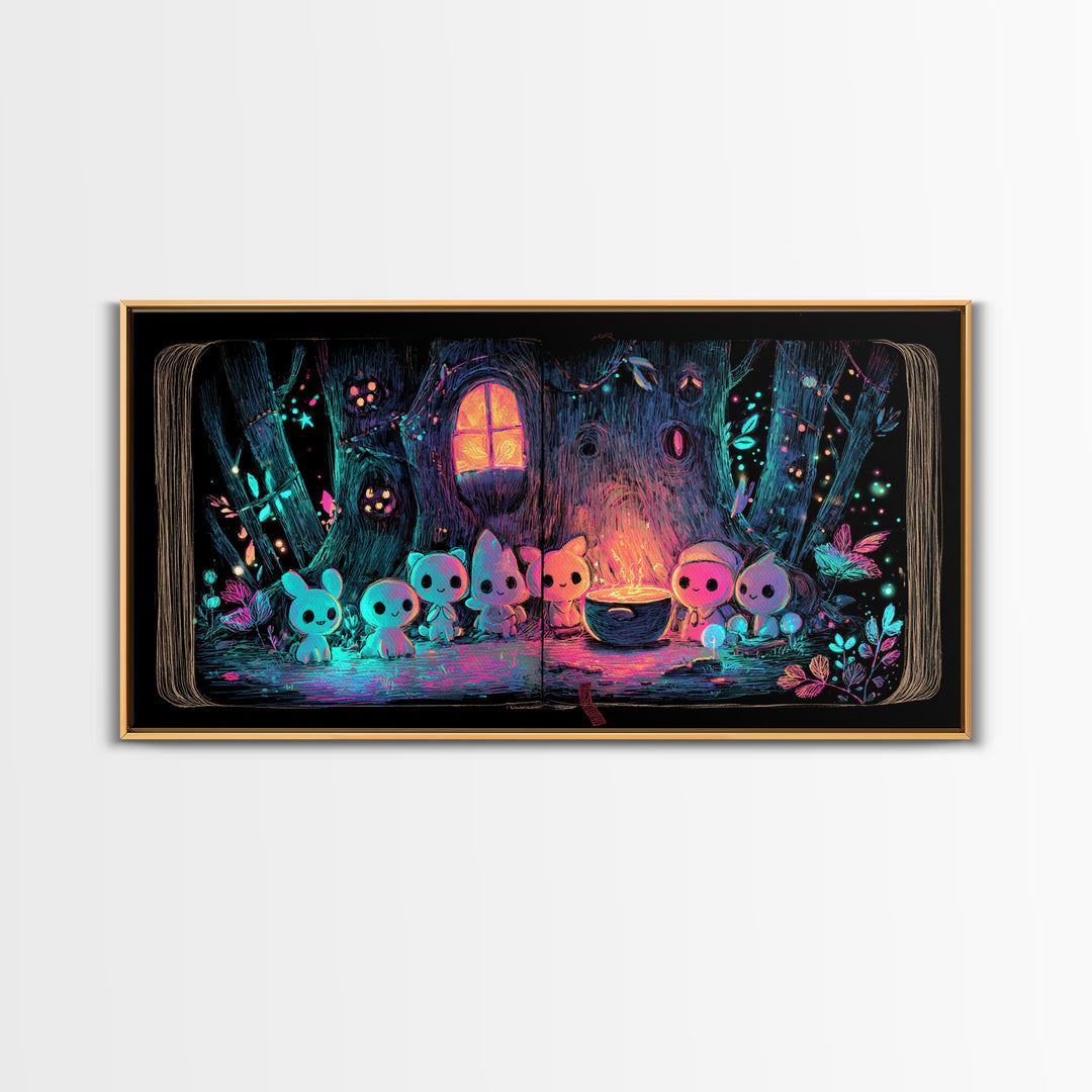 The Cozy Hollow Tree, Retro Neon Halloween Art, Wide Panoramic Art, Canvas Print, Retro Halloween Decor, Neon Wall Art, Statement Wall Art