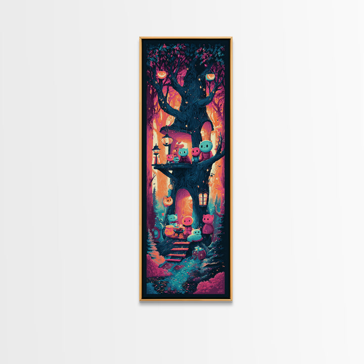 The Cozy Hollow Tree, Retro Neon Halloween Art, Tall Narrow Wall Art, Canvas Print, Retro Halloween Decor, Neon Wall Art, Statement Wall Art