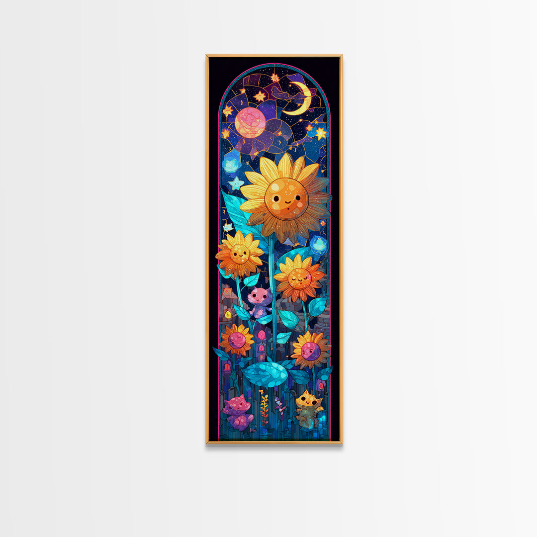 The Singing Sunflowers At Midnight, Retro Neon Halloween Art, Tall Narrow Wall Art, Framed Canvas Print, Retro Halloween Decor