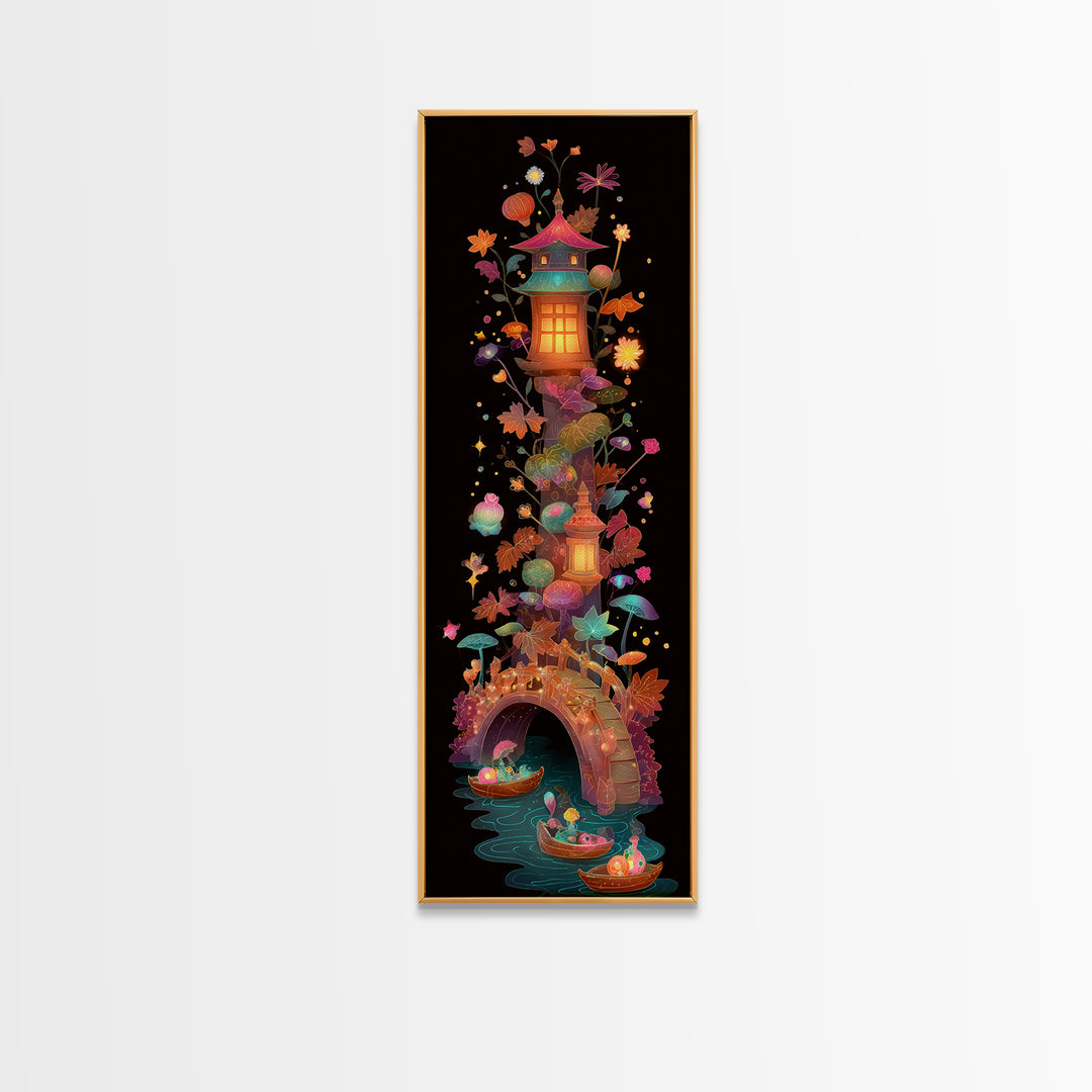The Autumn Fairy Bridge, Cute Spooky Neon Art, Tall Narrow Wall Art, Canvas Print, Retro Halloween Decor, Neon Wall Art