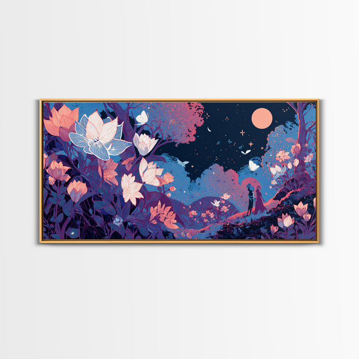 The Moon-Moth Garden, Cute Spooky Neon Art, Wide Panoramic Art, Framed Canvas Print, Retro Halloween Decor, Neon Wall Art, Horror Wall Art