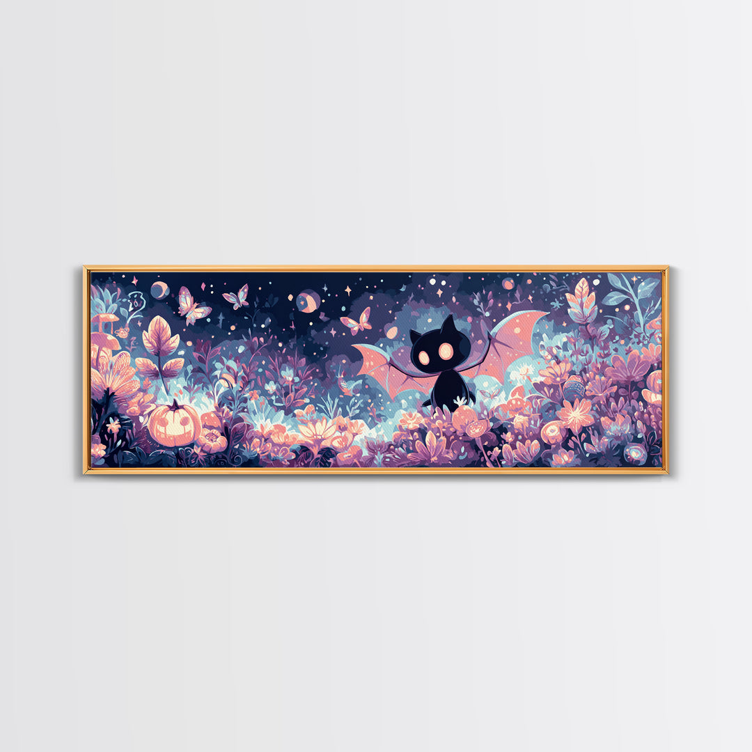 The Moon-Moth Garden, Synthwave Halloween Art, Extra Wide Wall Art, Framed Canvas Print, Retro Halloween Decor, Neon Wall Art