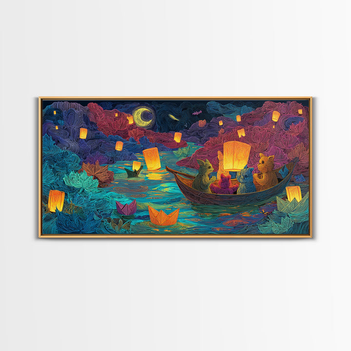 The Golden Leaf River, Cute Spooky Neon Art, Wide Panoramic Art, Framed Canvas Print, Retro Halloween Decor, Neon Wall Art