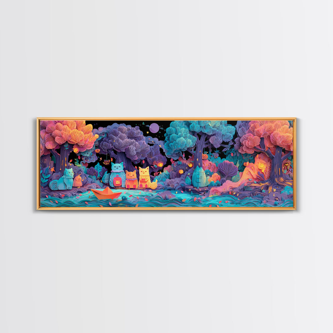 The Golden Leaf River, 80s Halloween Wall Art, Extra Wide Wall Art, Canvas Print, Retro Halloween Decor, Neon Wall Art