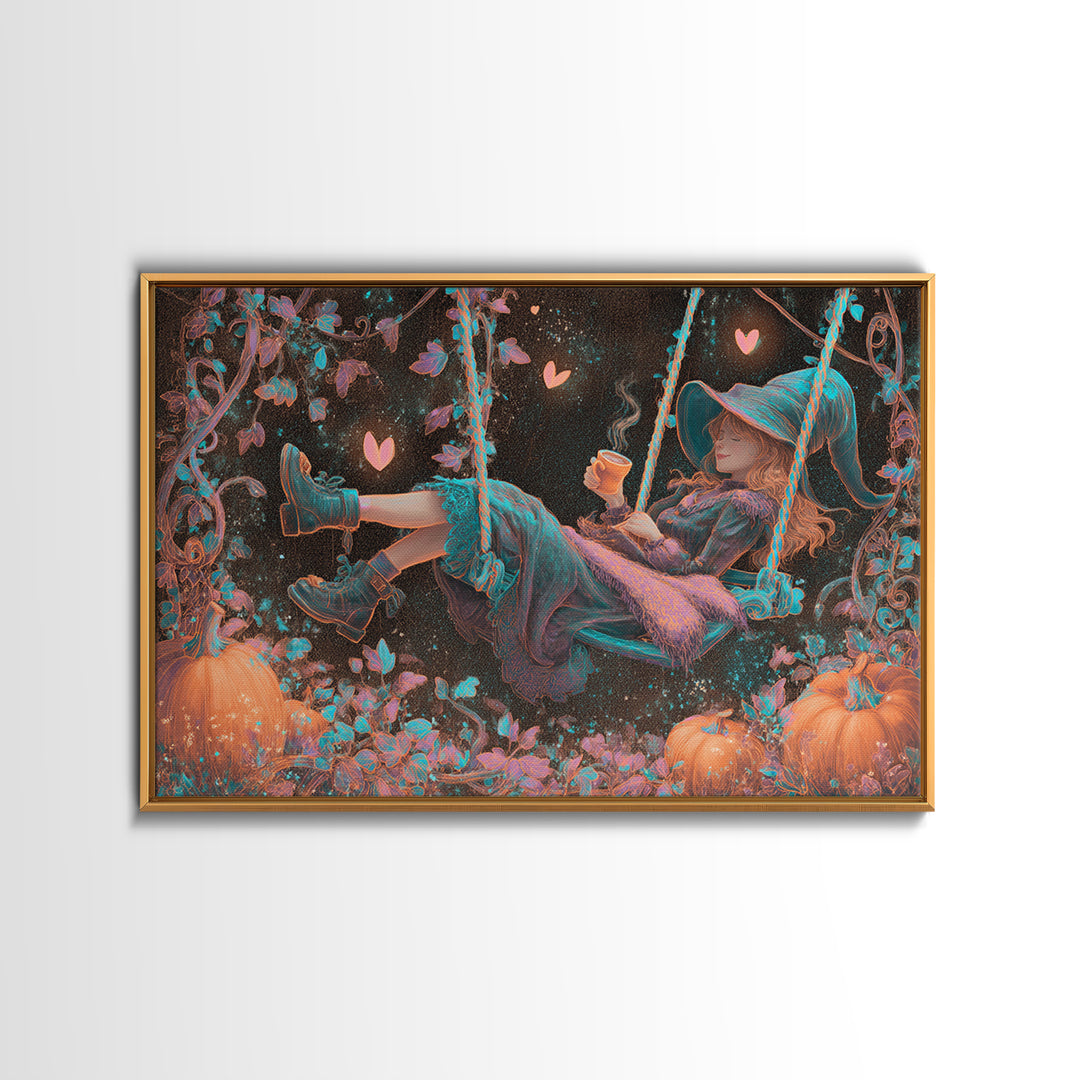 The Pumpkin Vine Swing, Vaporwave Halloween Decor, Landscape Wall Art, Canvas Print, Retro Halloween Decor, Neon Wall Art