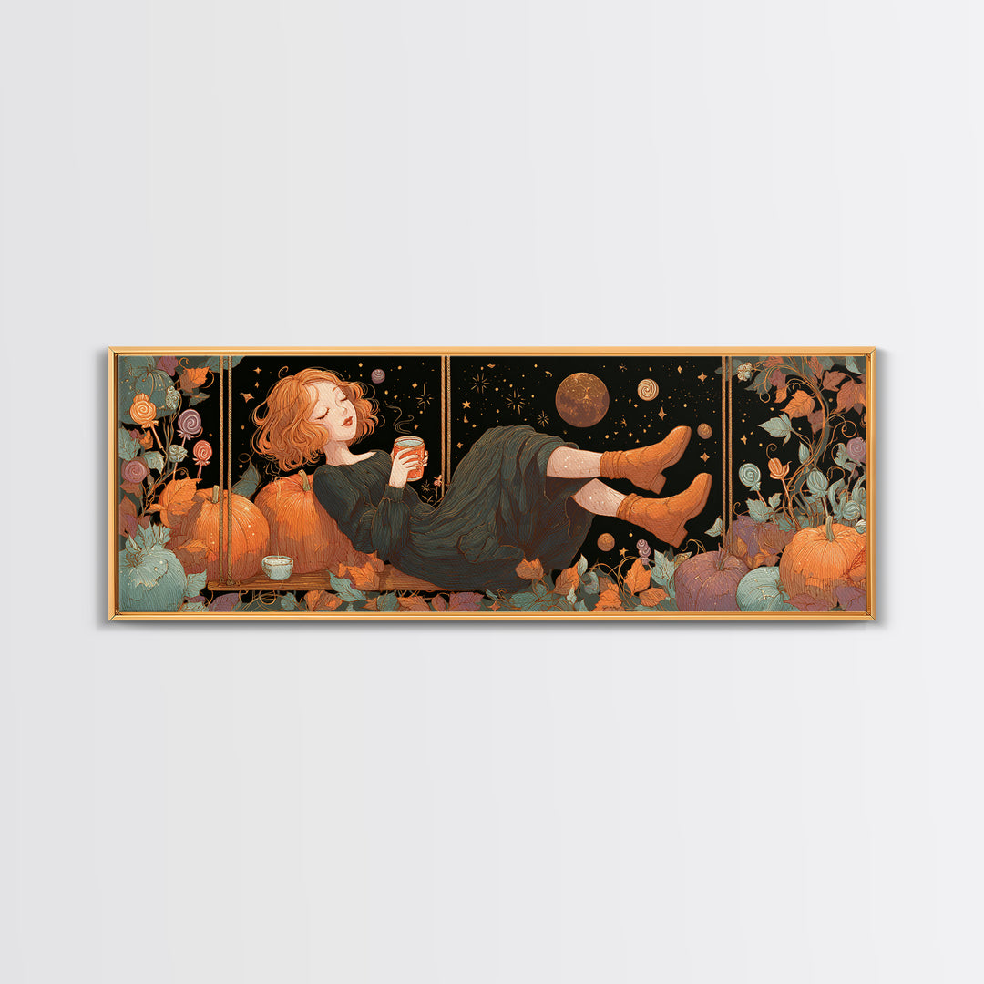 The Pumpkin Vine Swing, 80s Halloween Wall Art, Extra Wide Wall Art, Framed Canvas Print, Retro Halloween Decor, Neon Wall Art