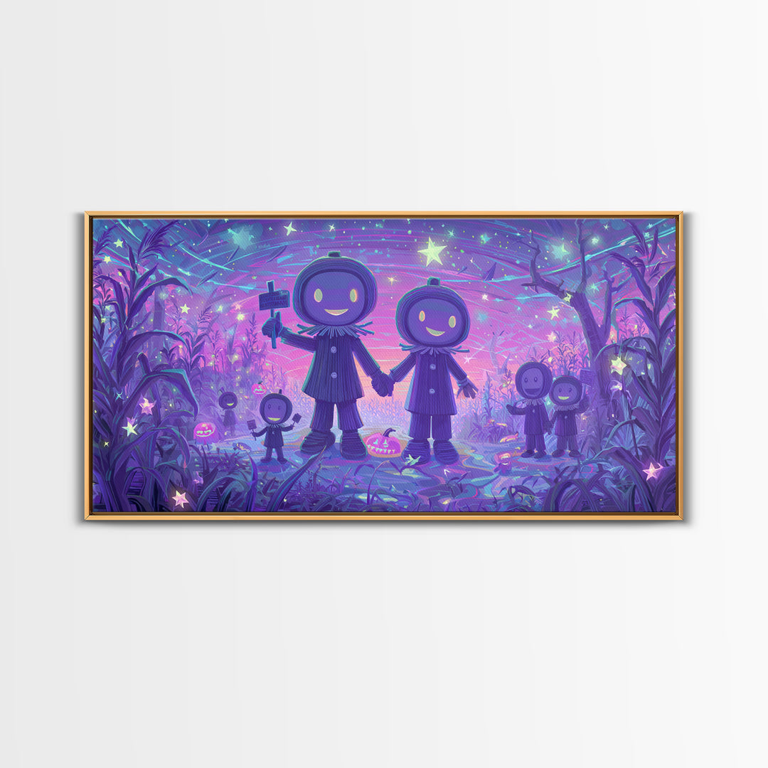 The Starry Cornfield Maze, 80s Halloween Wall Art, Wide Panoramic Art, Framed Canvas Print, Retro Halloween Decor, Neon Wall Art