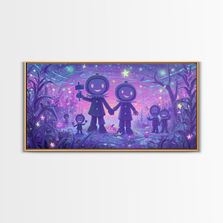 The Starry Cornfield Maze, 80s Halloween Wall Art, Wide Panoramic Art, Framed Canvas Print, Retro Halloween Decor, Neon Wall Art