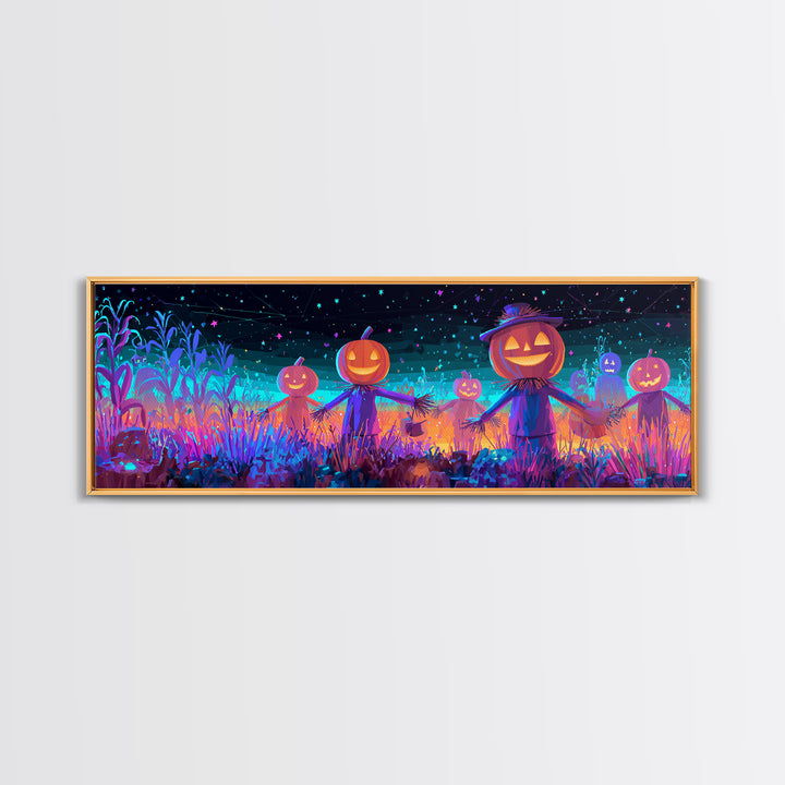 The Starry Cornfield Maze, Retro Neon Halloween Art, Extra Wide Wall Art, Canvas Print, Retro Halloween Decor, Neon Wall Art