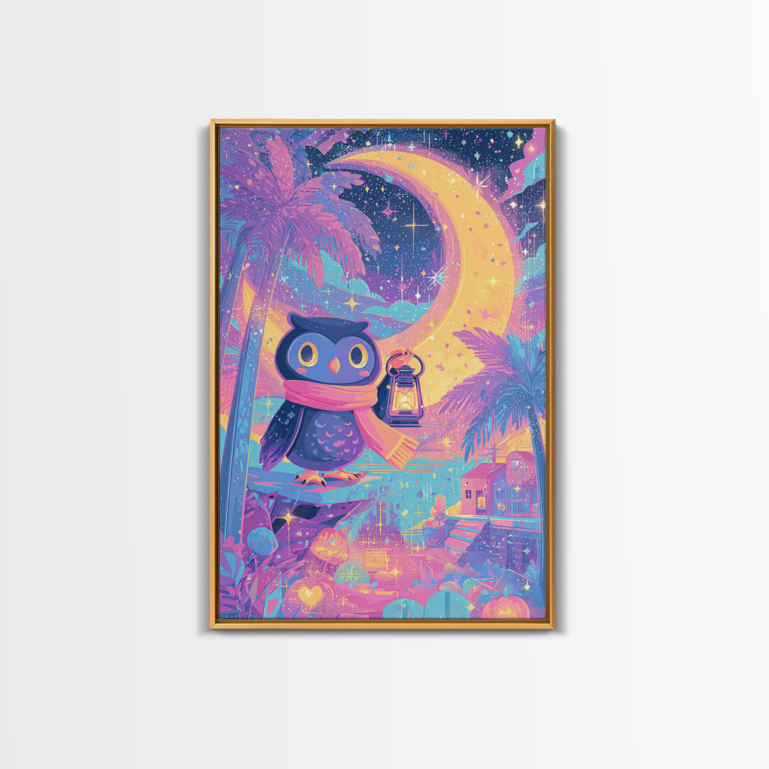 The Owl And The Crescent Moon, Cute Spooky Neon Art, Vertical Wall Art, Canvas Print, Retro Halloween Decor, Neon Wall Art