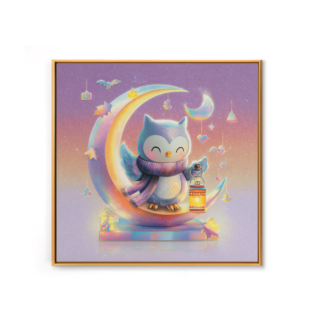 The Owl And The Crescent Moon, Retro Neon Halloween Art, Square Wall Art, Framed Canvas Print, Retro Halloween Decor, Neon Wall Art