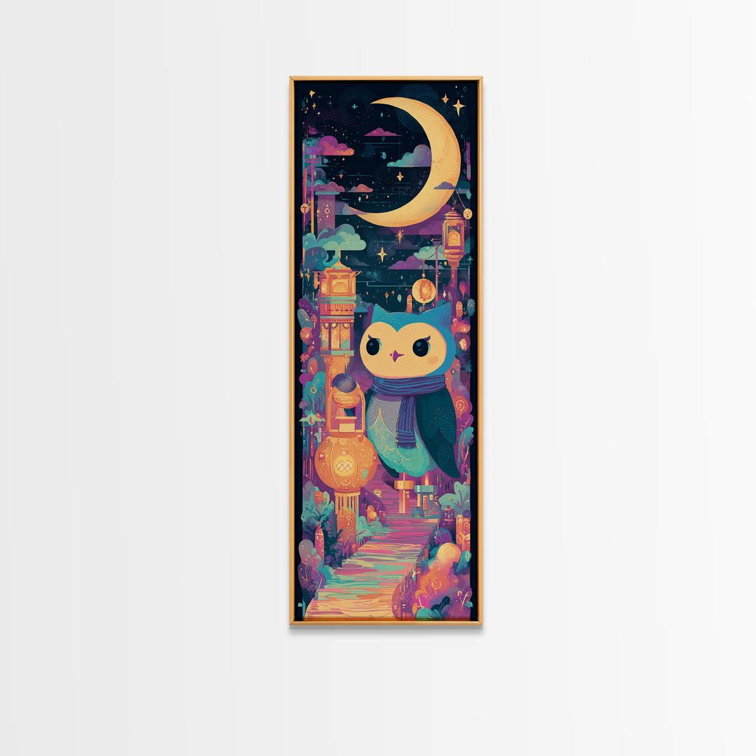 The Owl And The Crescent Moon, 80s Halloween Wall Art, Tall Narrow Wall Art, Canvas Print, Retro Halloween Decor, Neon Wall Art