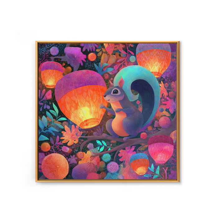 The Acorn Lantern Festival, Cute Spooky Neon Art, Square Wall Art, Framed Canvas Print, Retro Halloween Decor, Neon Wall Art