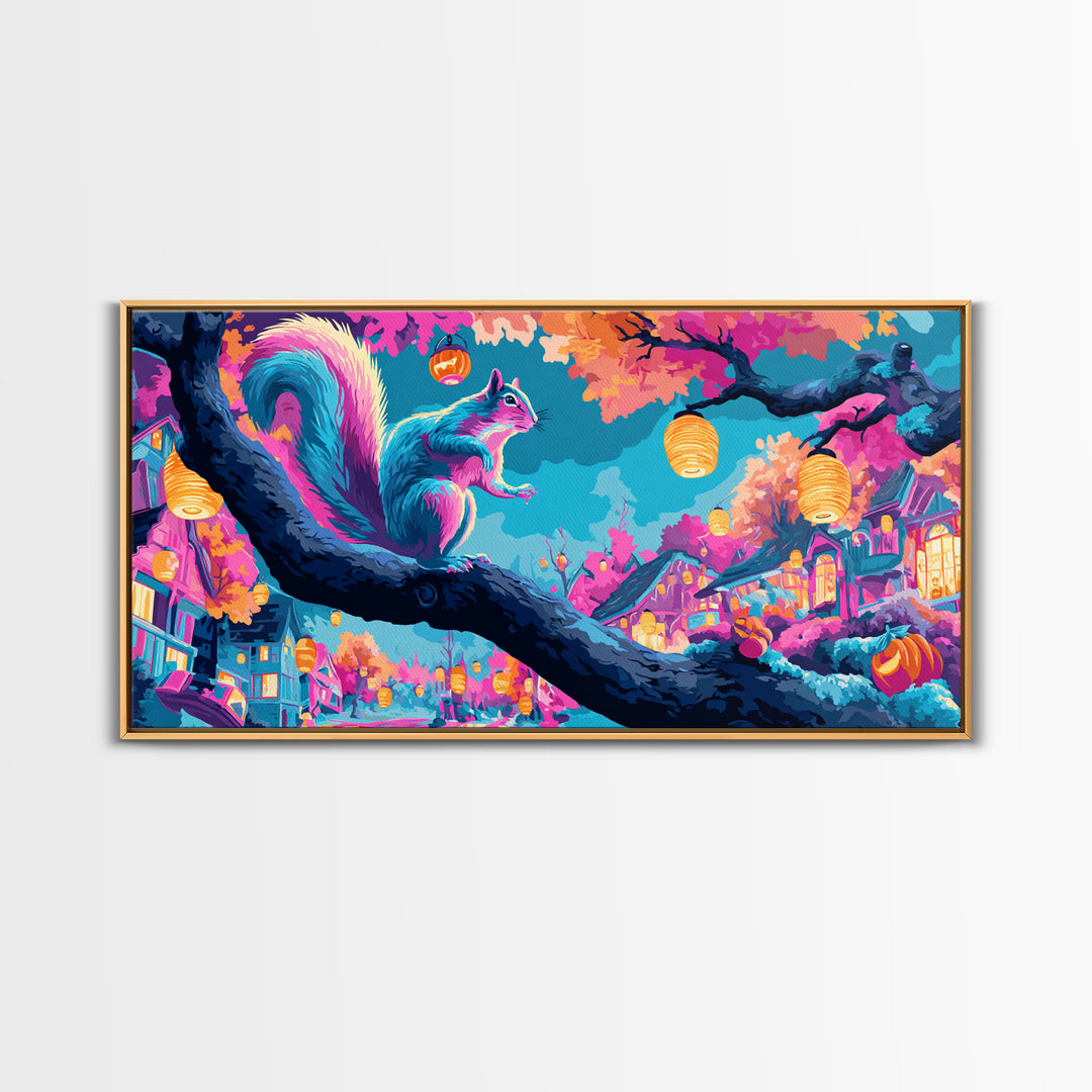 The Acorn Lantern Festival, Synthwave Halloween Art, Wide Panoramic Art, Framed Canvas Print, Retro Halloween Decor, Neon Wall Art