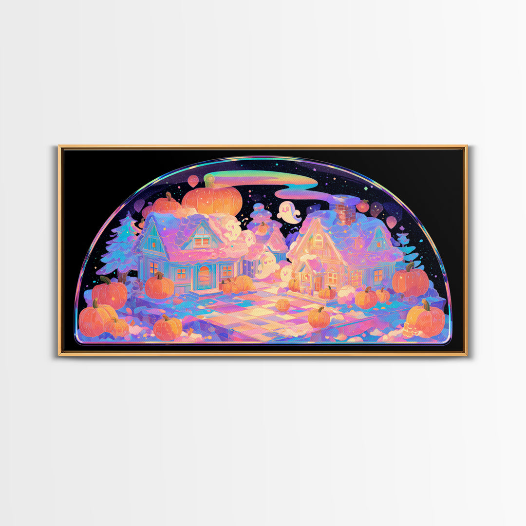 Halloween Inside A Snow Globe, 80s Halloween Wall Art, Wide Panoramic Art, Canvas Print, Retro Halloween Decor, Neon Wall Art