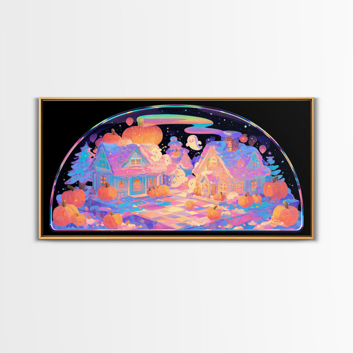 Halloween Inside A Snow Globe, 80s Halloween Wall Art, Wide Panoramic Art, Canvas Print, Retro Halloween Decor, Neon Wall Art