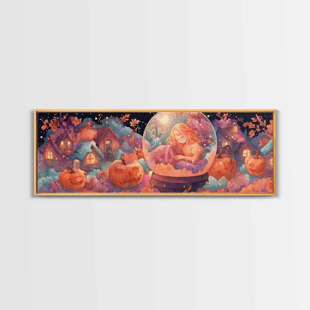 Halloween Inside A Snow Globe, 80s Halloween Wall Art, Extra Wide Wall Art, Canvas Print, Retro Halloween Decor, Neon Wall Art