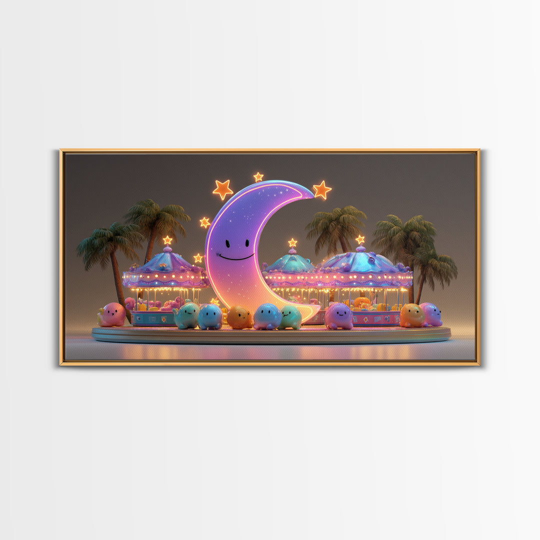 The Tiny Moon Carnival, Retro Neon Halloween Art, Wide Panoramic Art, Framed Canvas Print, Retro Halloween Decor, Neon Wall Art