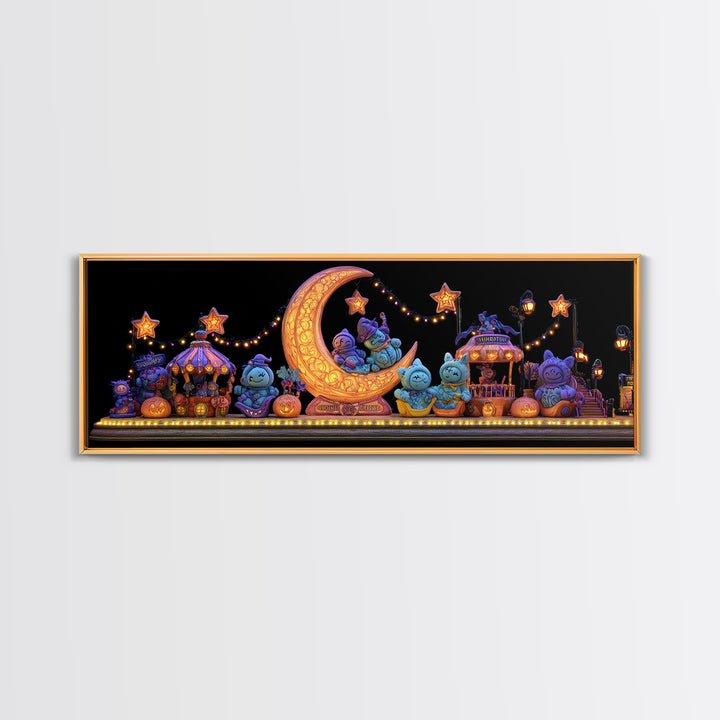 The Tiny Moon Carnival, 80s Halloween Wall Art, Extra Wide Wall Art, Framed Canvas Print, Retro Halloween Decor, Neon Wall Art