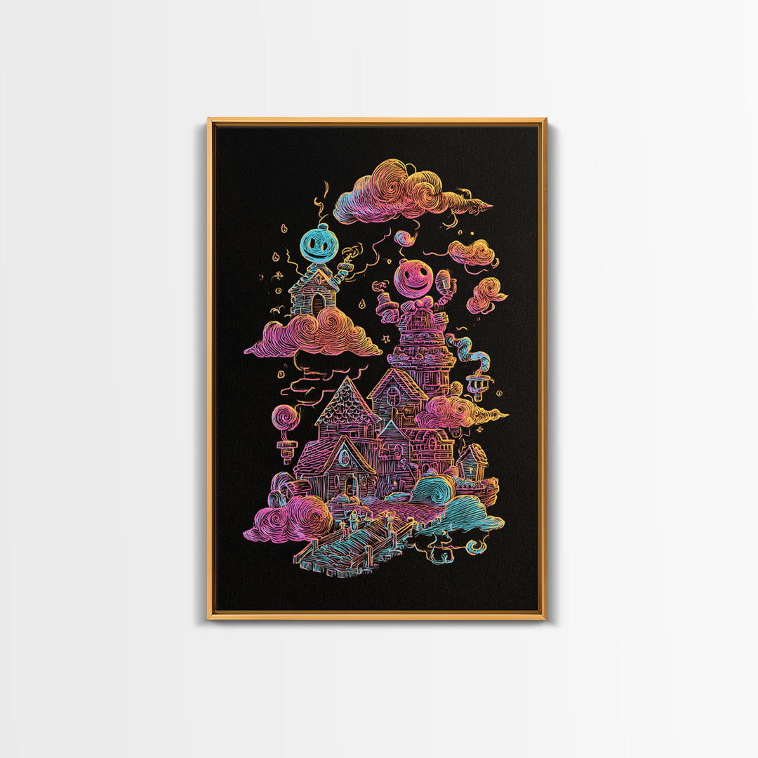 The Upside-Down Candy Kingdom, Vaporwave Halloween Decor, Vertical Wall Art, Canvas Print, Retro Halloween Decor, Neon Wall Art