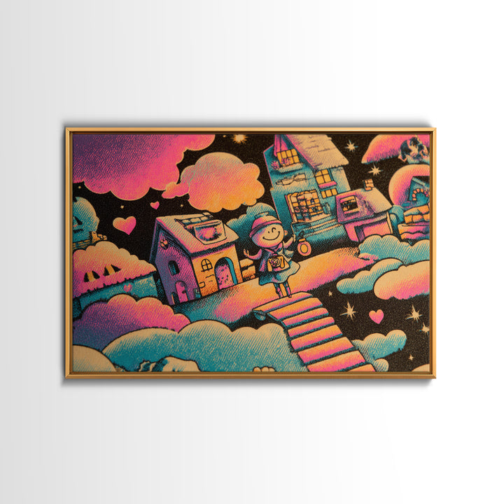 The Upside-Down Candy Kingdom, Synthwave Halloween Art, Landscape Wall Art, Framed Canvas Print, Retro Halloween Decor, Neon Wall Art