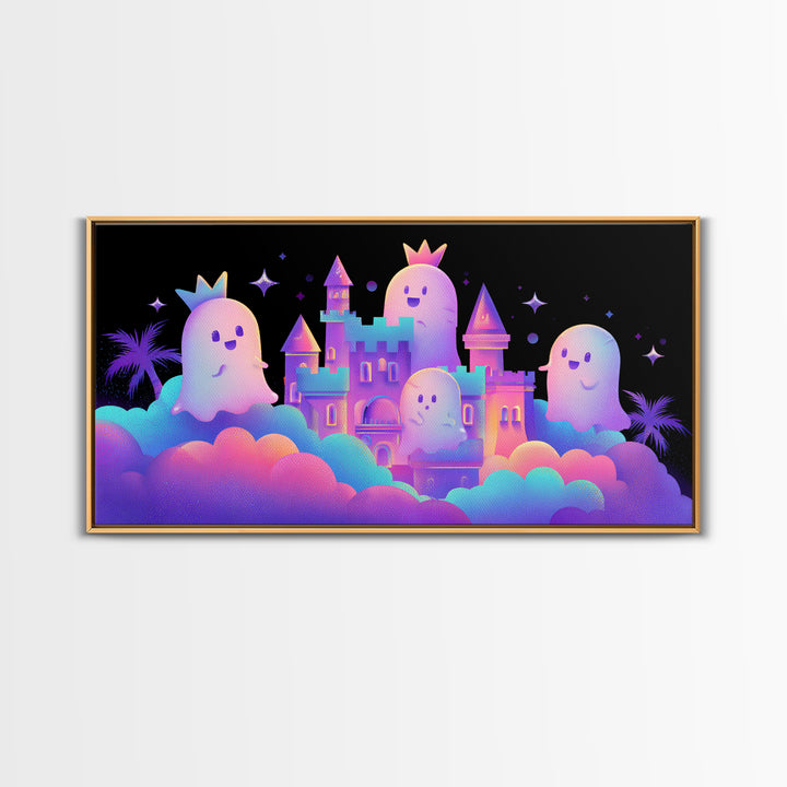 The Halloween Cloud Castle, 80s Halloween Wall Art, Wide Panoramic Art, Framed Canvas Print, Retro Halloween Decor, Neon Wall Art