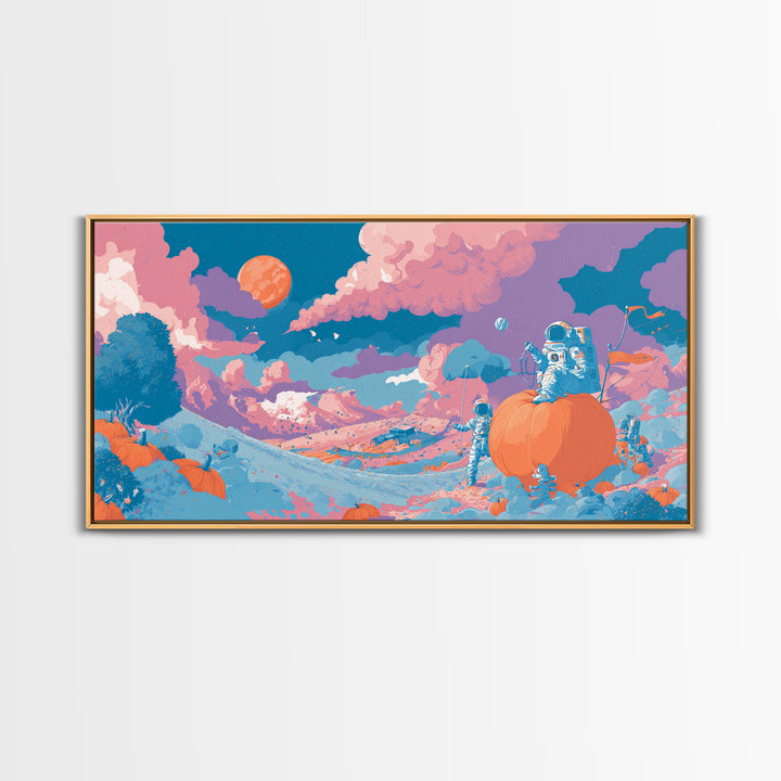 The Pumpkin Moon Expedition, Cute Spooky Neon Art, Wide Panoramic Art, Canvas Print, Retro Halloween Decor, Neon Wall Art, Spooky Wall Decor
