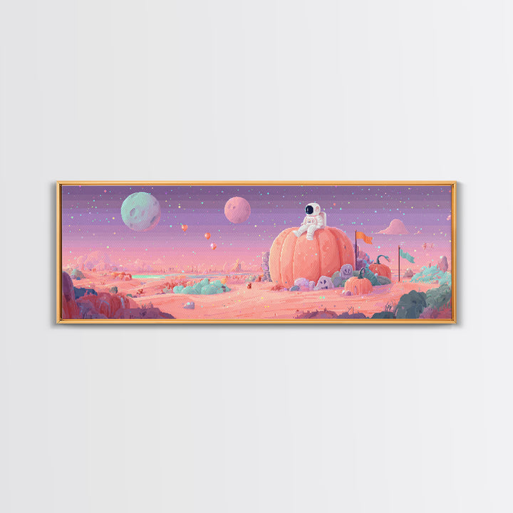 The Pumpkin Moon Expedition, Cute Spooky Neon Art, Extra Wide Wall Art, Framed Canvas Print, Retro Halloween Decor, Neon Wall Art