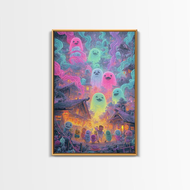 The Ghost Balloon City, Retro Neon Halloween Art, Vertical Wall Art, Framed Canvas Print, Retro Halloween Decor, Neon Wall Art