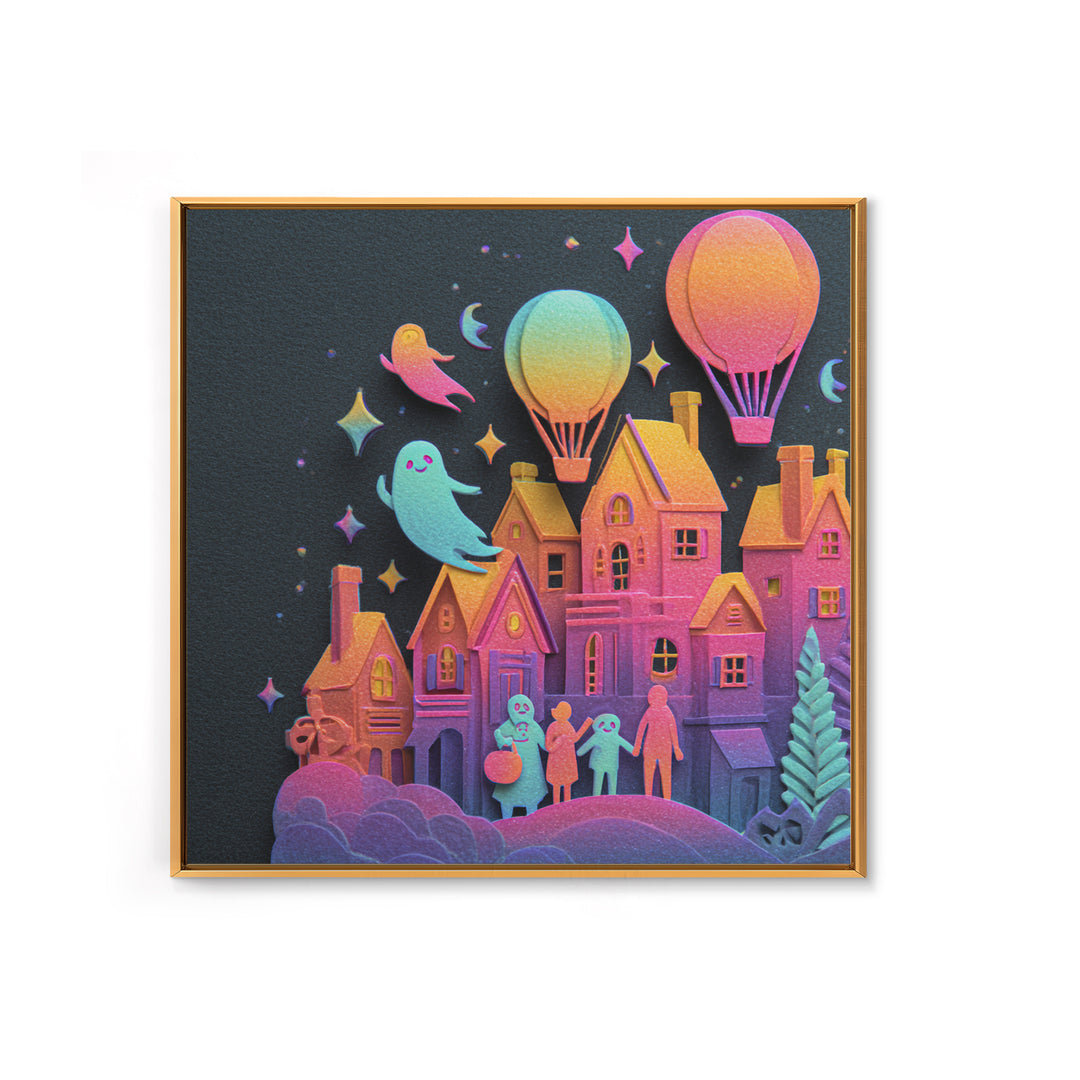 The Ghost Balloon City, Cute Spooky Neon Art, Square Wall Art, Canvas Print, Retro Halloween Decor, Neon Wall Art, Horror Wall Art