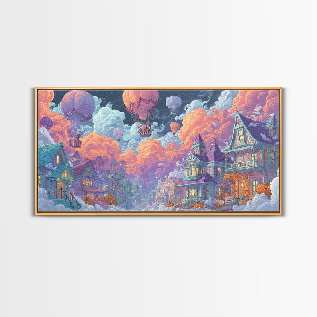 The Ghost Balloon City, Synthwave Halloween Art, Wide Panoramic Art, Framed Canvas Print, Retro Halloween Decor, Neon Wall Art