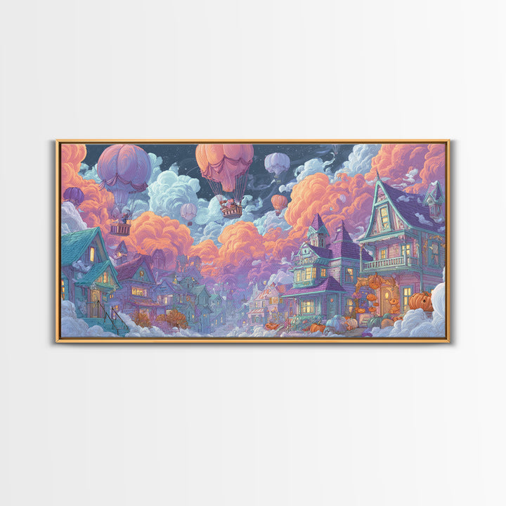 The Ghost Balloon City, Synthwave Halloween Art, Wide Panoramic Art, Framed Canvas Print, Retro Halloween Decor, Neon Wall Art