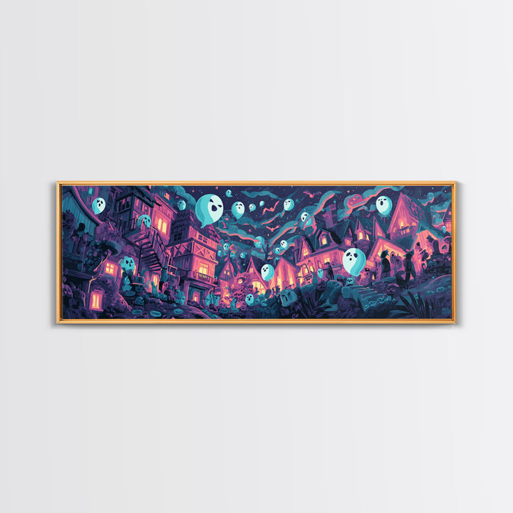 The Ghost Balloon City, Synthwave Halloween Art, Extra Wide Wall Art, Canvas Print, Retro Halloween Decor, Neon Wall Art, Statement Wall Art