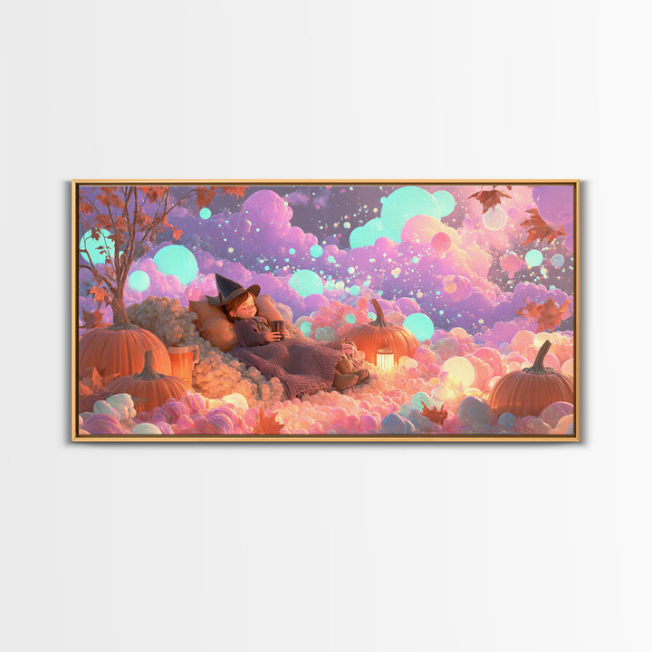 The Candy Comet Adventure, Synthwave Halloween Art, Wide Panoramic Art, Framed Canvas Print, Retro Halloween Decor, Neon Wall Art