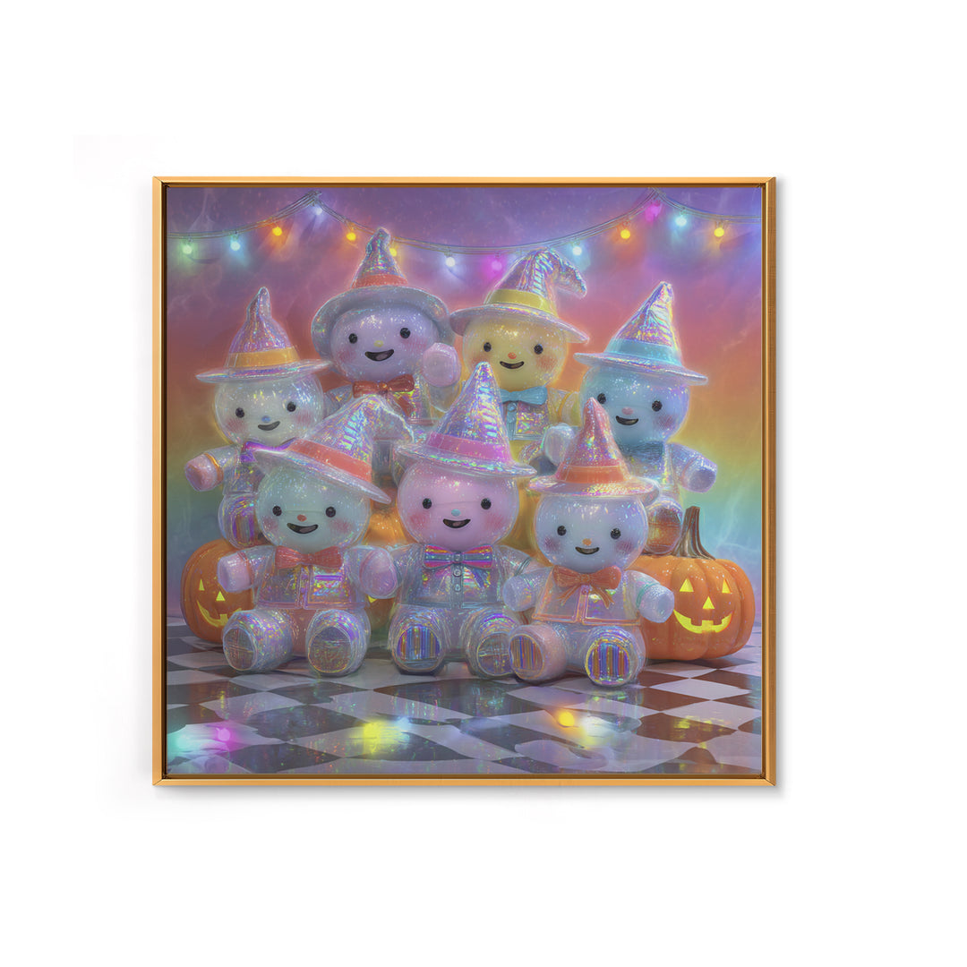 The Halloween Toy Kingdom, Cute Spooky Neon Art, Square Wall Art, Framed Canvas Print, Retro Halloween Decor, Neon Wall Art